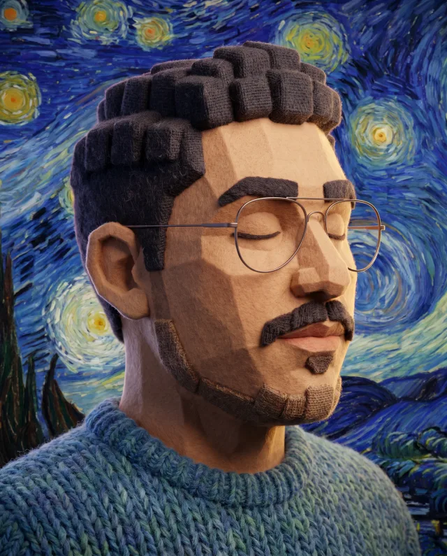 Retrato voxel de fieltro con fondo de noche estrellada