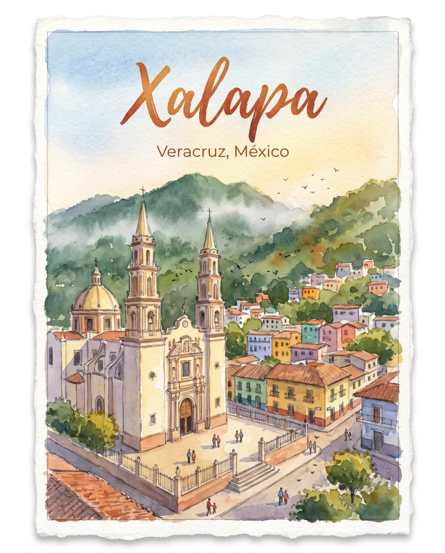 Postal de Xalapa en acuarela