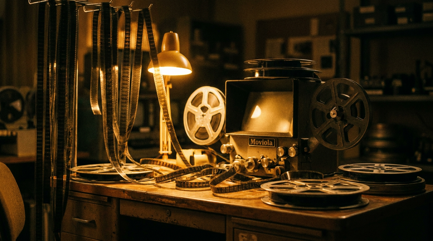 Mesa de edición con tiras de película